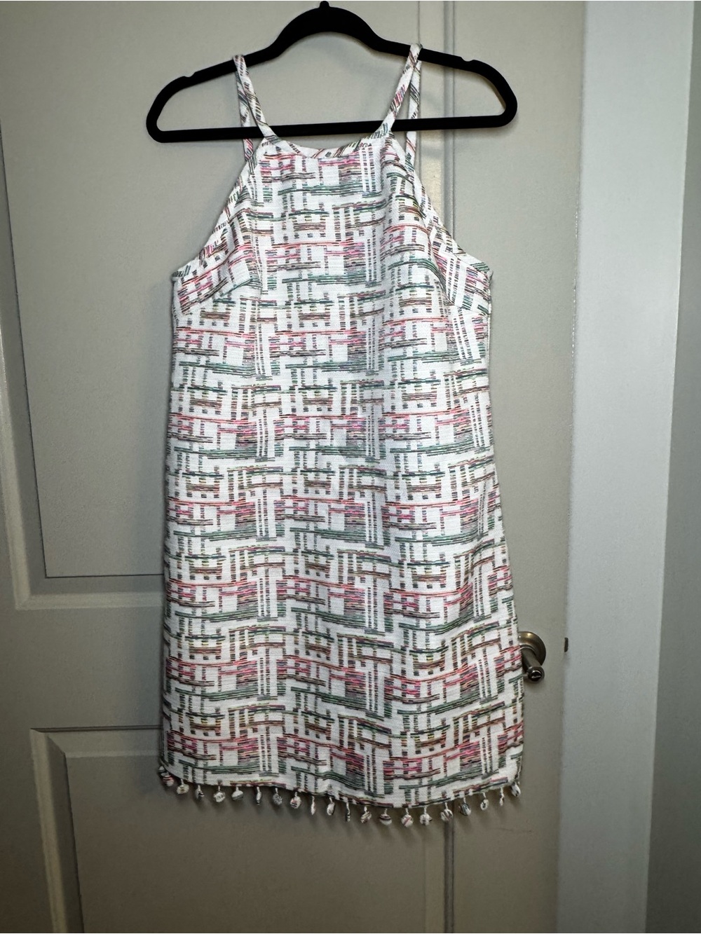 Trina Turk White Multicolor Geometric Mini Dress with Tassel Hem
